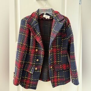 Chic Plaid Tweed Blazer in Red and navy, gold buttons